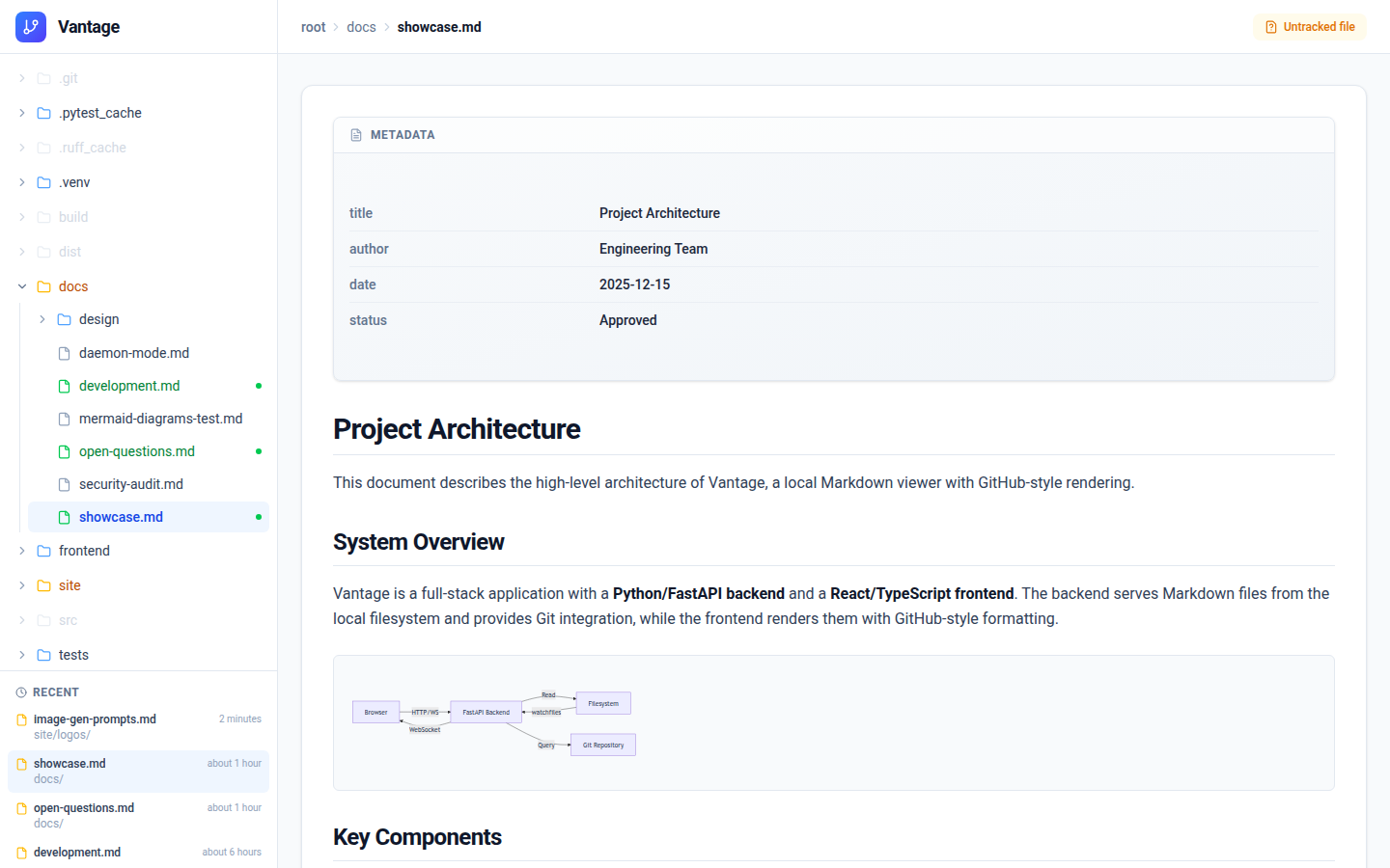 Vantage interface showing Markdown with GitHub-like styling, file tree sidebar, Mermaid diagrams, and Git integration